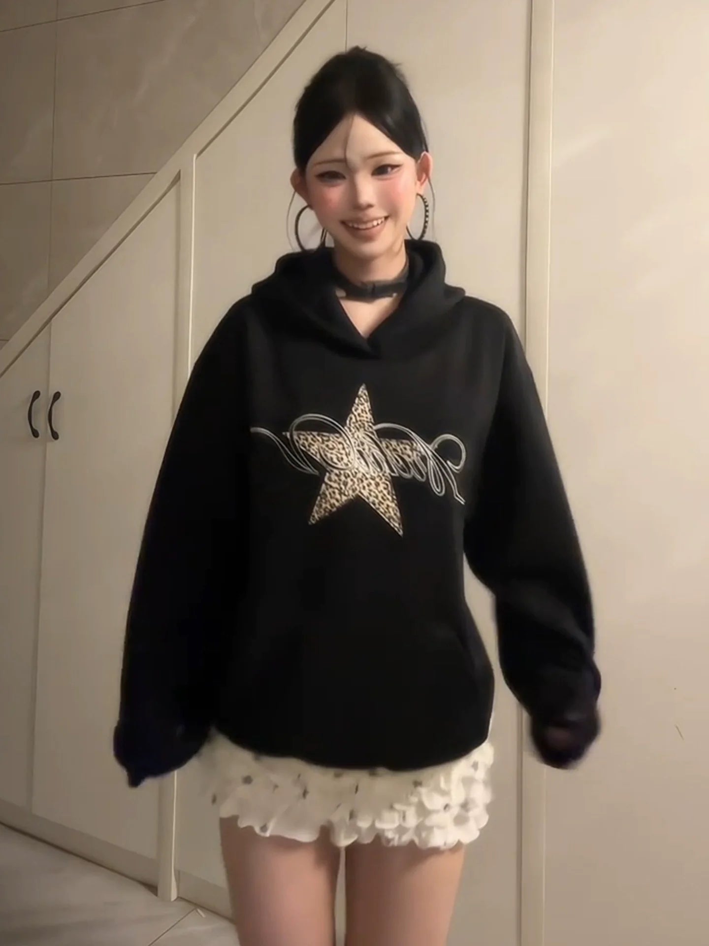 Heavyweight Black Leopard Star Hoodie Oversized Top