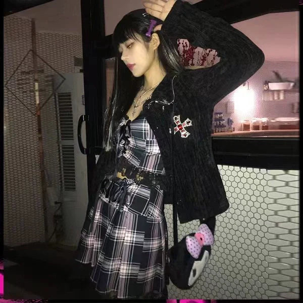 Y2K Gothic Punk Cross Rhinestone Cropped Knit Cardigan