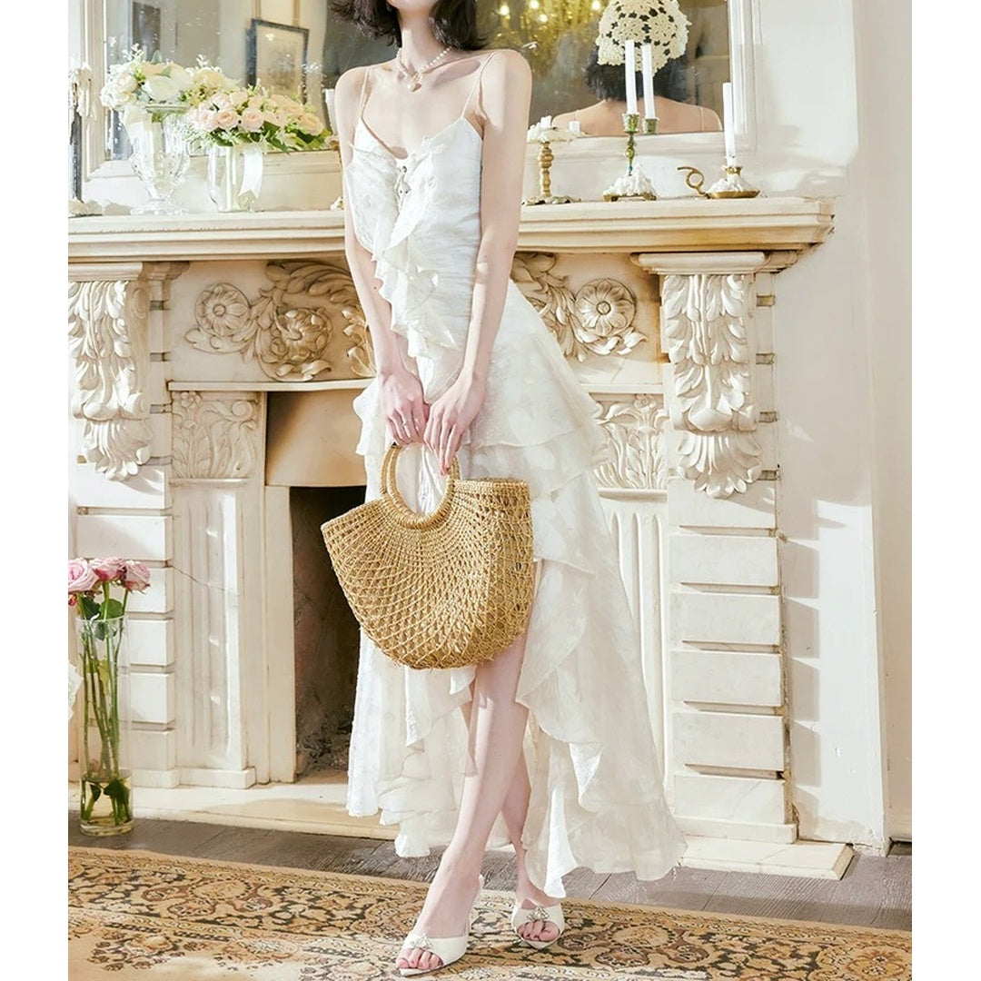 French Asymmetrical Jacquard Drawstring Gown Dress