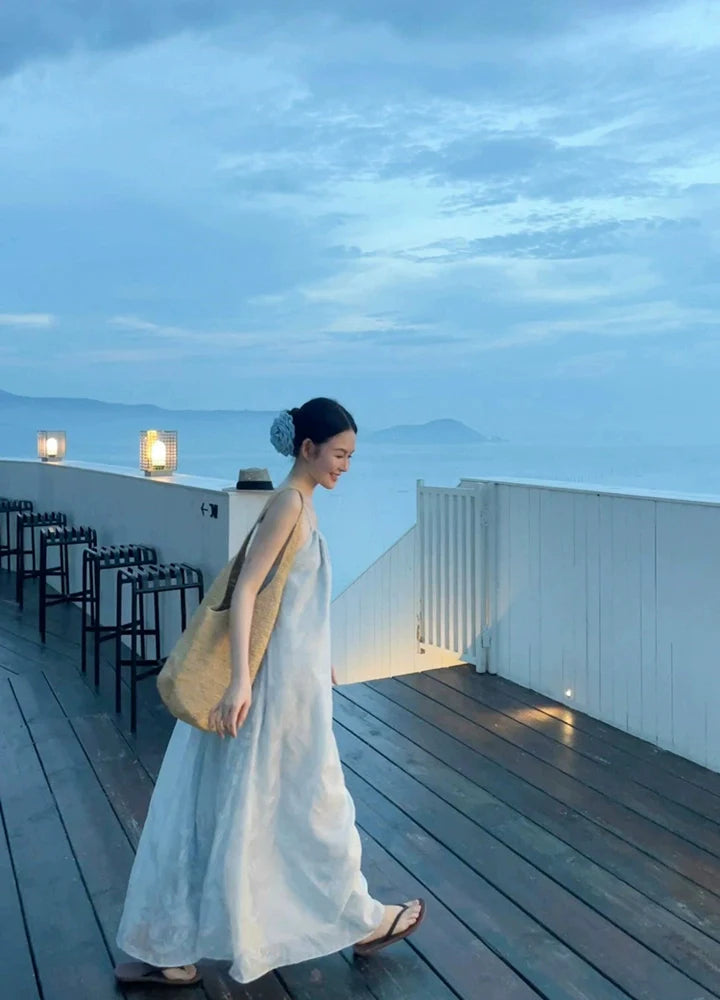 Pleated Tencel Backless Spaghetti-Strap Beach Dress