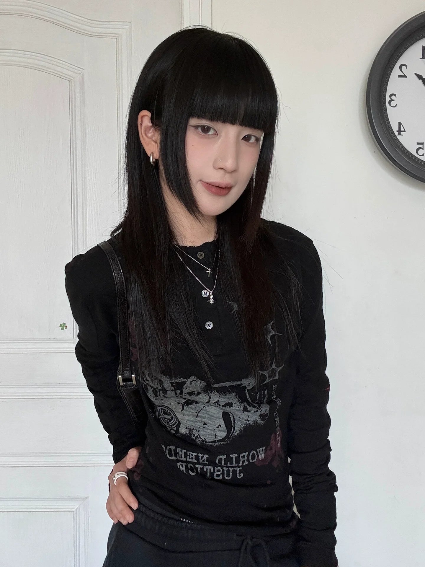Visual Kei Black Henley Long Sleeve Tee Autumn Vintage Base Top Y2K Streetwear