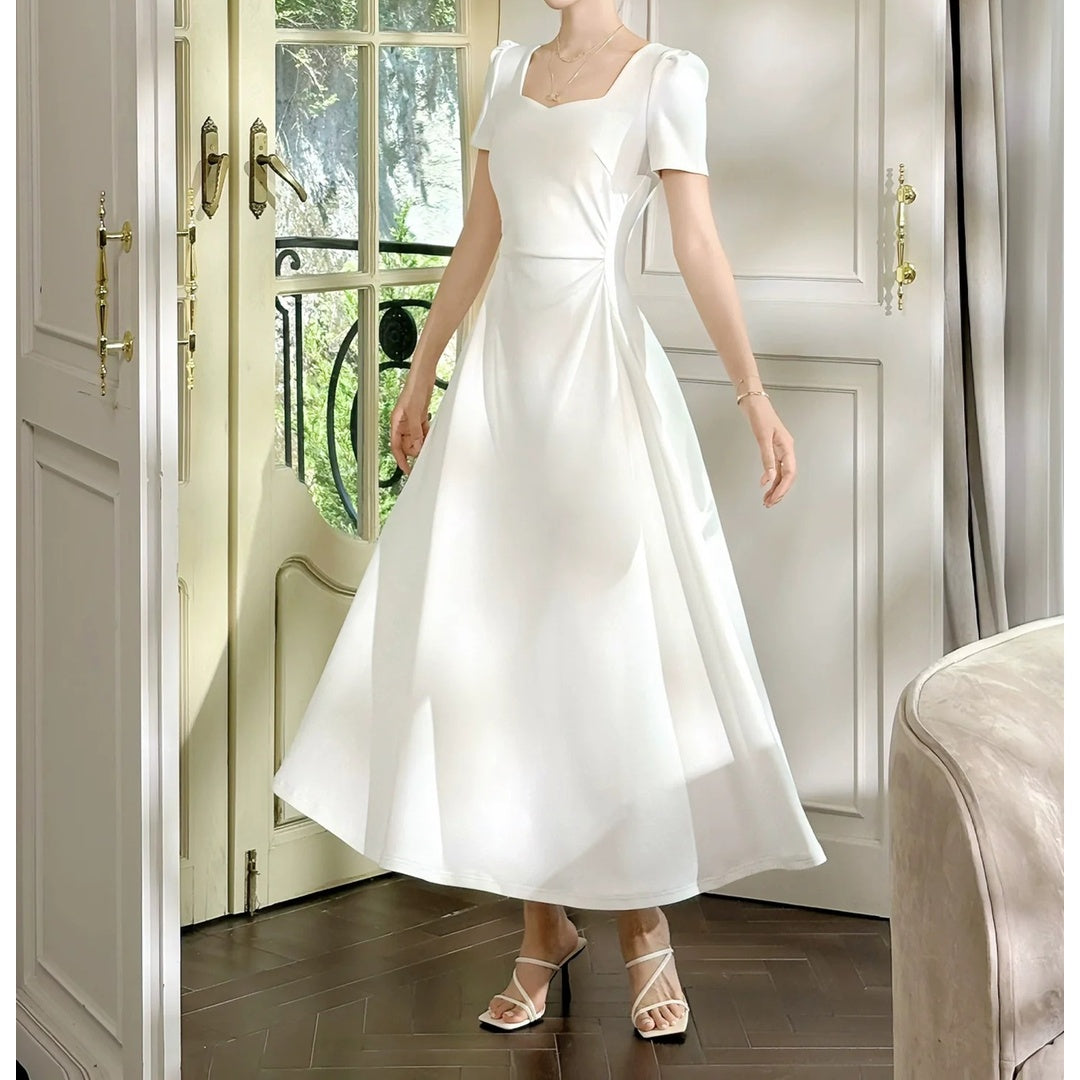 White Luxury Square Neck Gown Dress – French Waist Fitted Dress