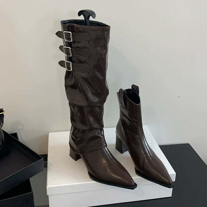 Pointed Toe Two Way High Heel Knee High Boots 2025 Fall Winter New Spicy Girl Vibe Slouchy Ruffled Chunky Heel Cowboy Boots