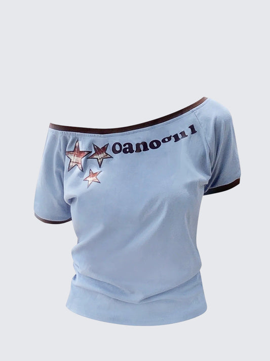 DIY Korean One Shoulder Letter T-Shirt