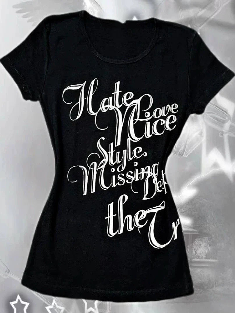 Black Subculture Punk Y2K E-girl Shibuya Girl Abi Vintage Print Slim Light Subculture Short Sleeve Top