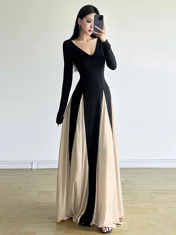 French Chic Retro Color-Block V-Neck Maxi Dress