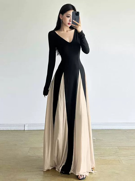 French Chic Retro Color-Block V-Neck Maxi Dress