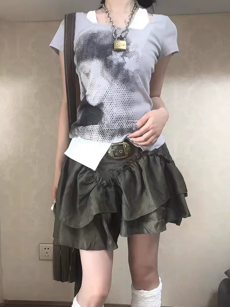 Portrait Print Punk Y2K E-girl Retro Fake Two-Piece Slim-Fit Short Sleeve Top