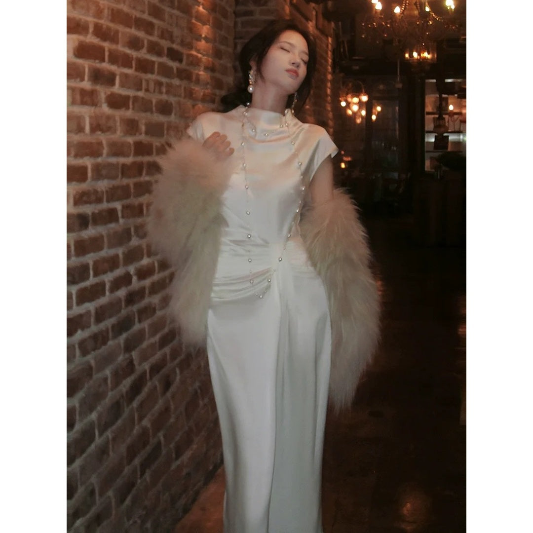 French Satin Pleated Gown Dress – High-End Fitted Evening Dress