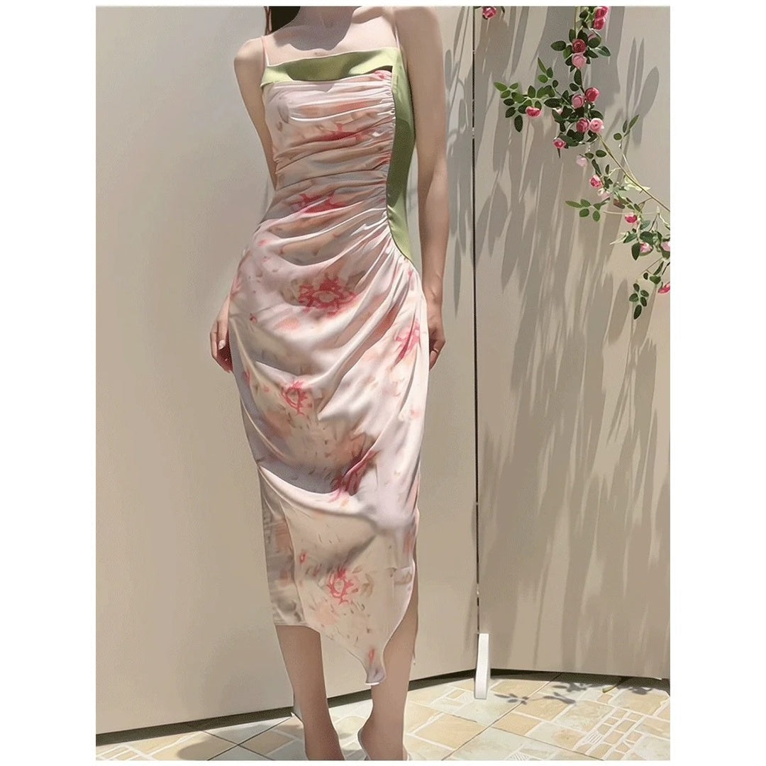 French Vintage Tea Party Green Floral Spaghetti Strap Gown – Summer Resort Dress