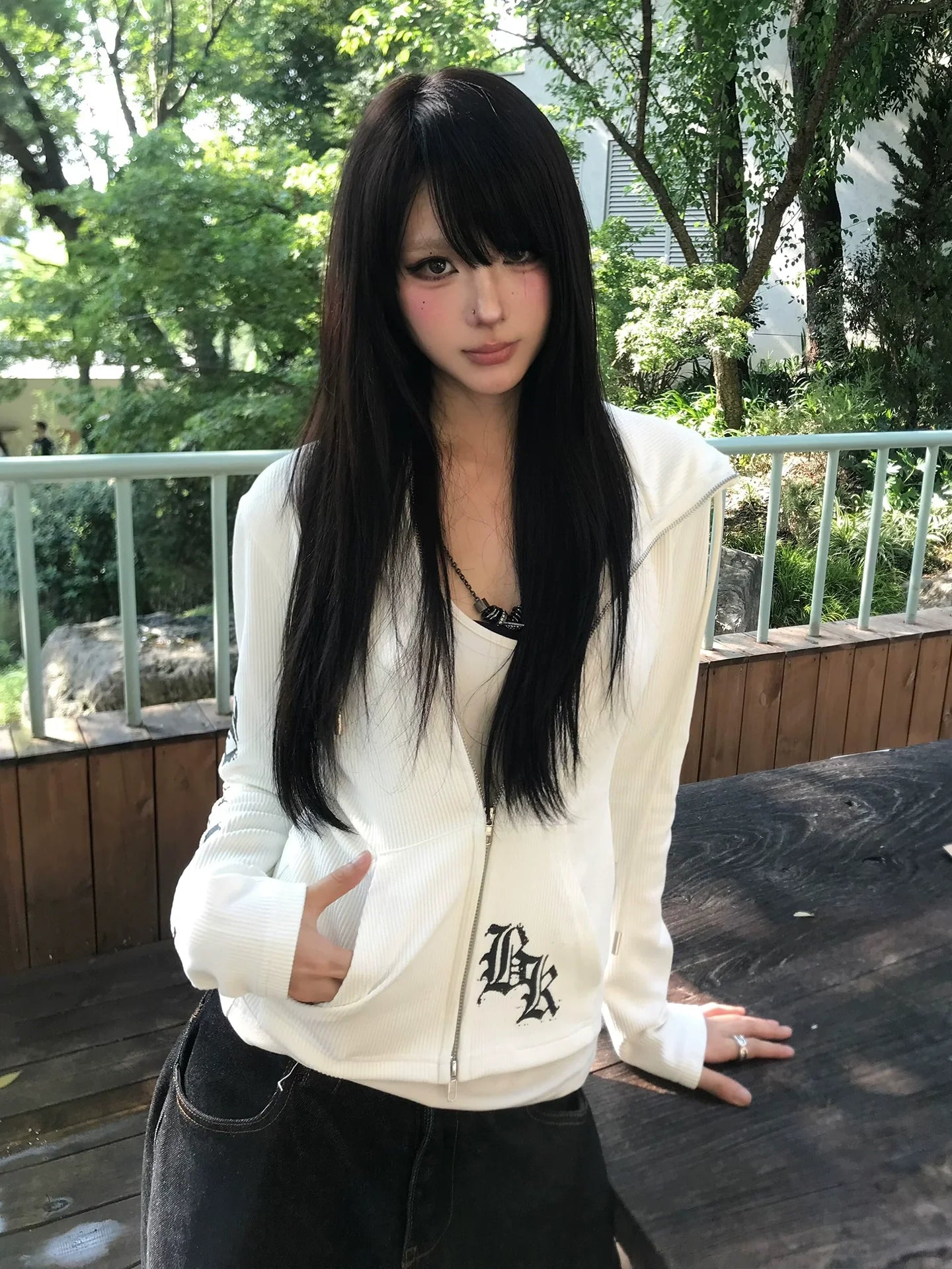 American Gothic Fitted Hoodie Jacket Retro Letter Print Zip-Up Sweatshirt