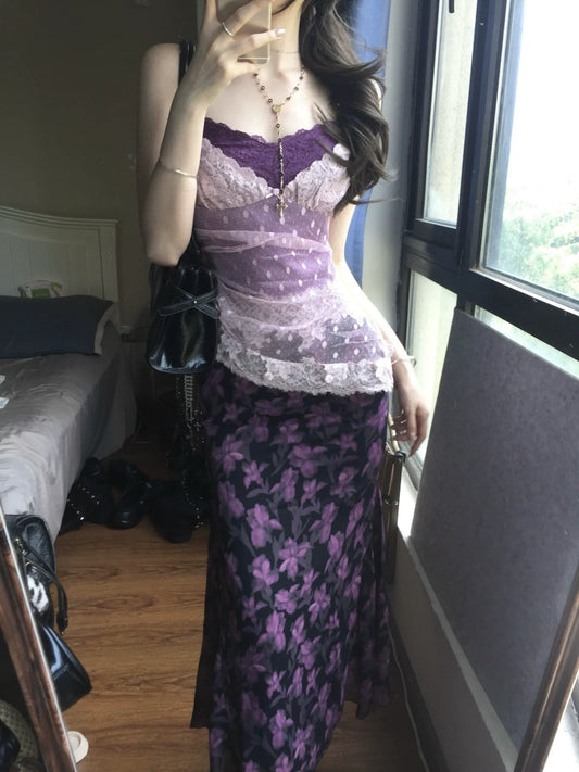 French Purple Lace-Paneled Camisole Waist-Cinched Maxi Dress