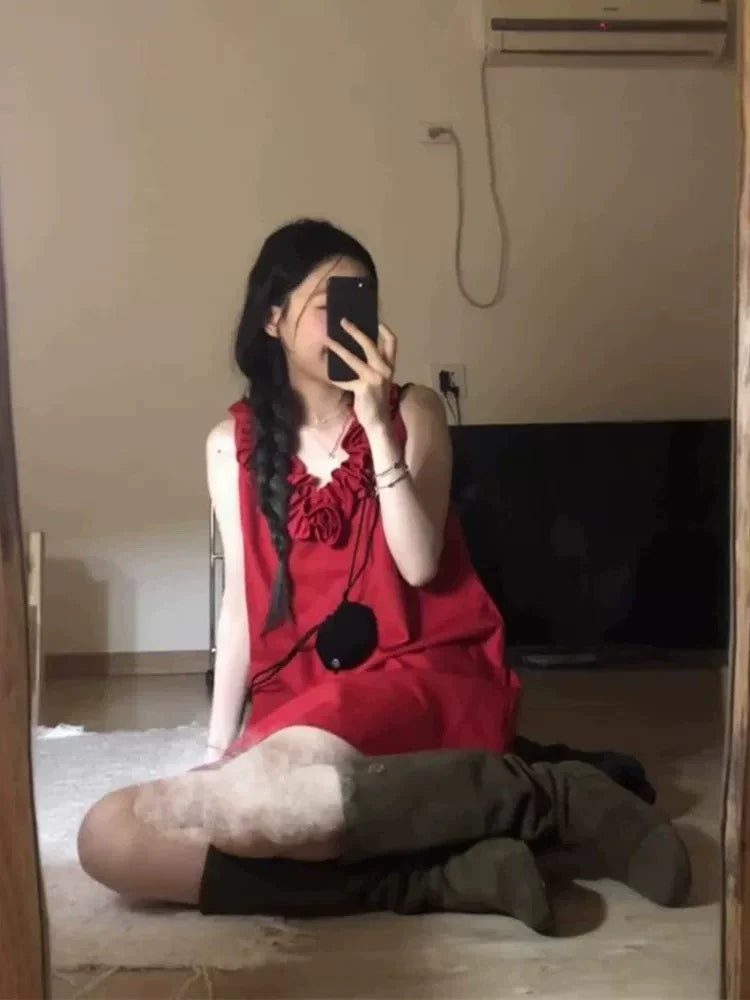 Red French-Inspired Sleeveless Mini Dress With 3D Rose Details