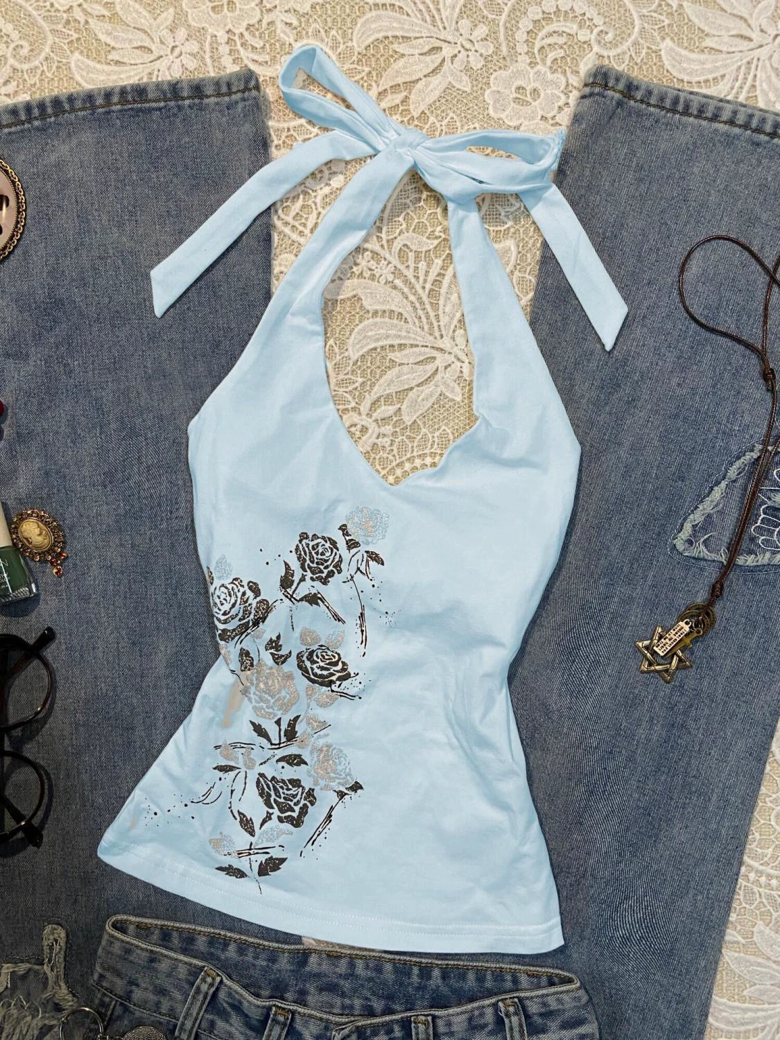 Blue American Vintage Rose Print Halter Y2K Tank Top