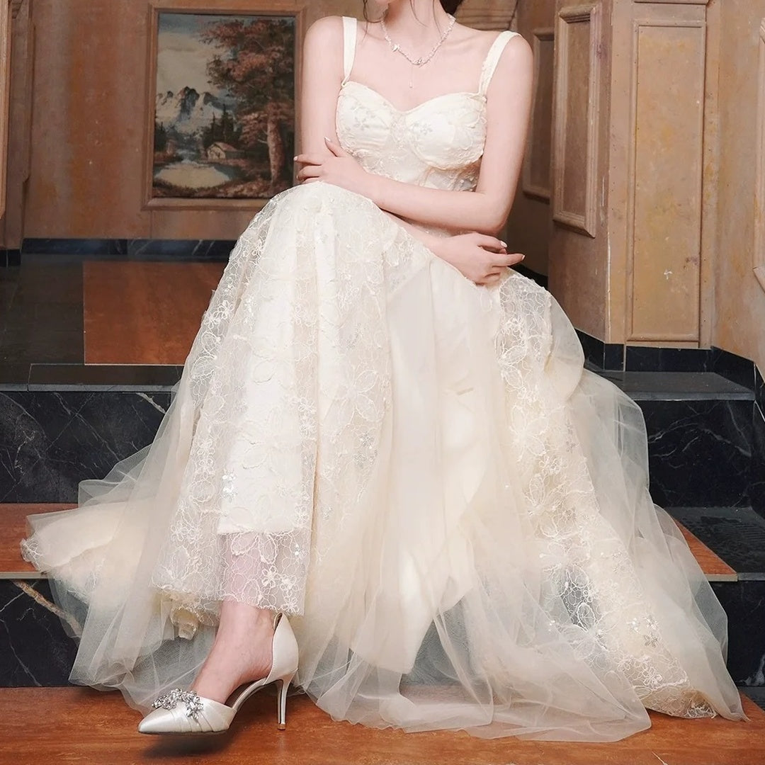 French Lace Mesh Spaghetti Gown Dress