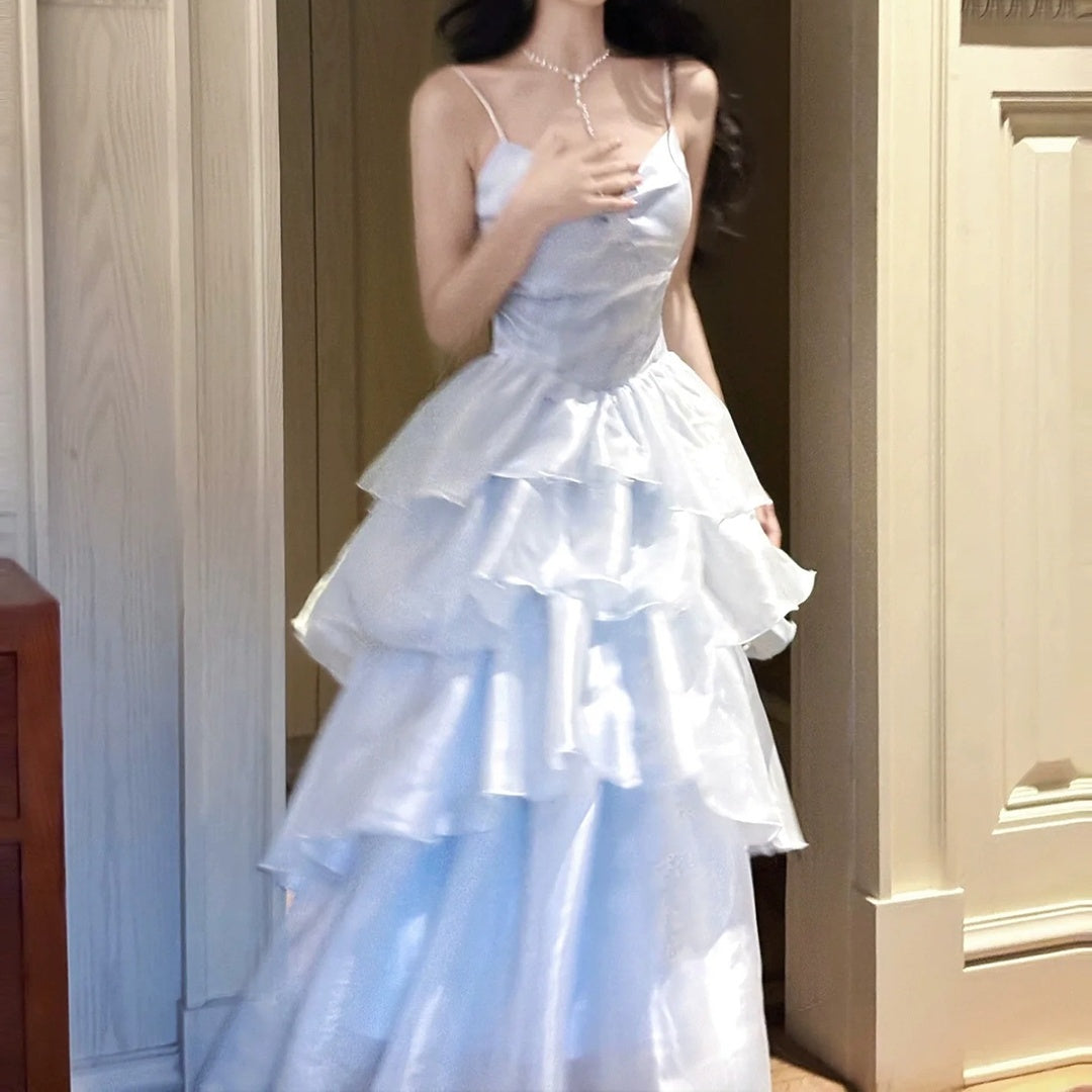 French Blue Slim Tank Dress Birthday Party Gown