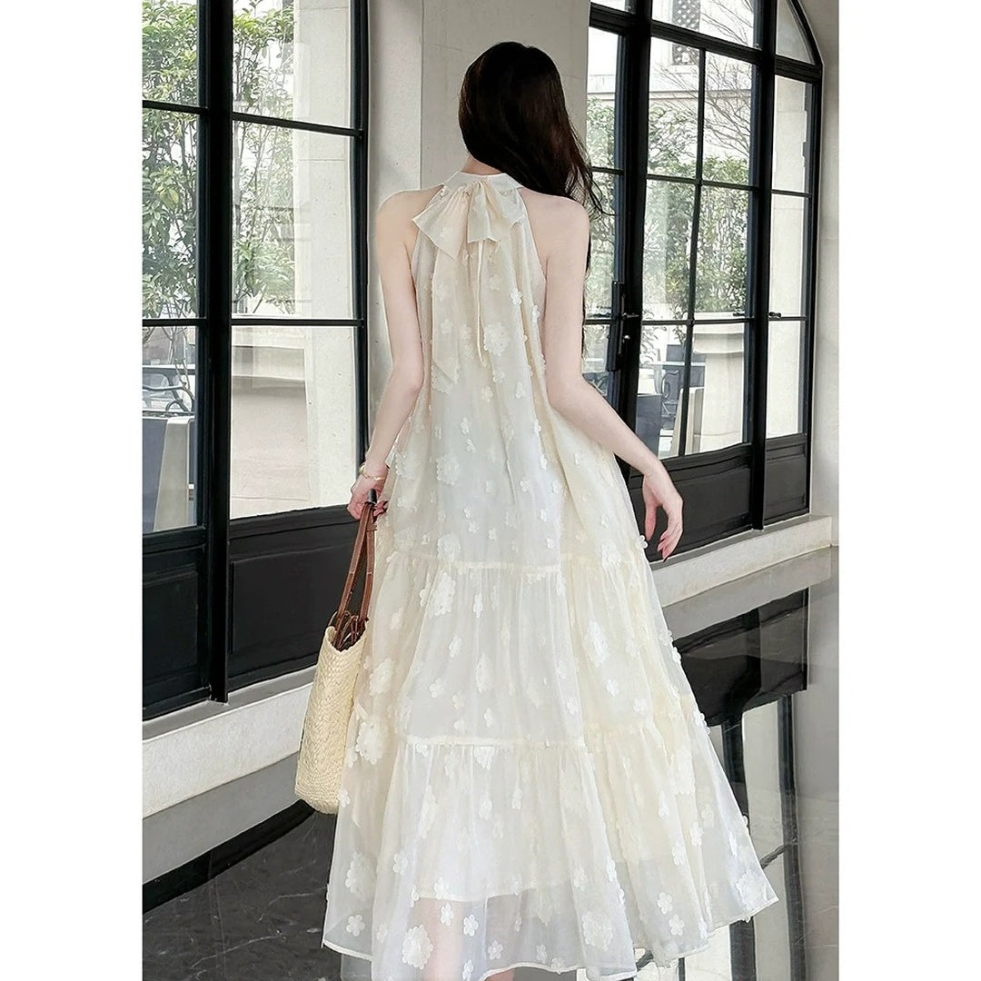 White Embroidered Halter Floral Tulle Gown Dress