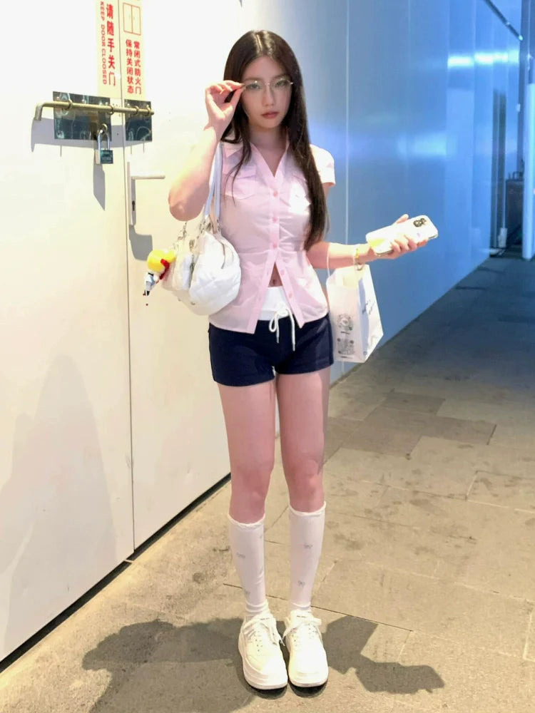 Korean Fitted Pink Short Sleeve Shirt Slim Waist Feminine Blouse