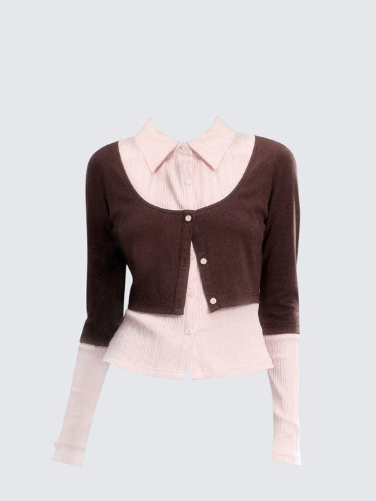 Pink Brown Layered Cardigan Women