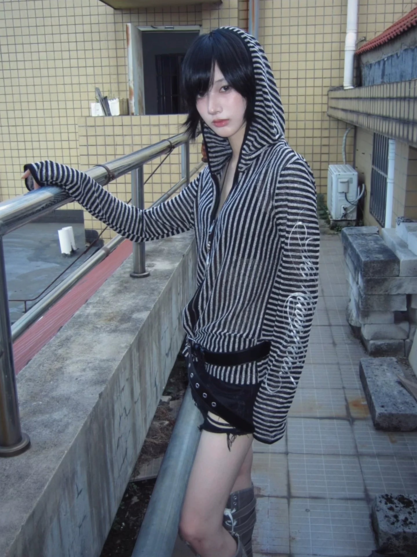 Y2K Striped Hooded Cutout Cardigan