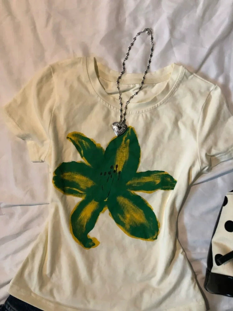 Yellow Subculture Y2K E-girl Abi American Retro Vintage Early Print Short Sleeve Top