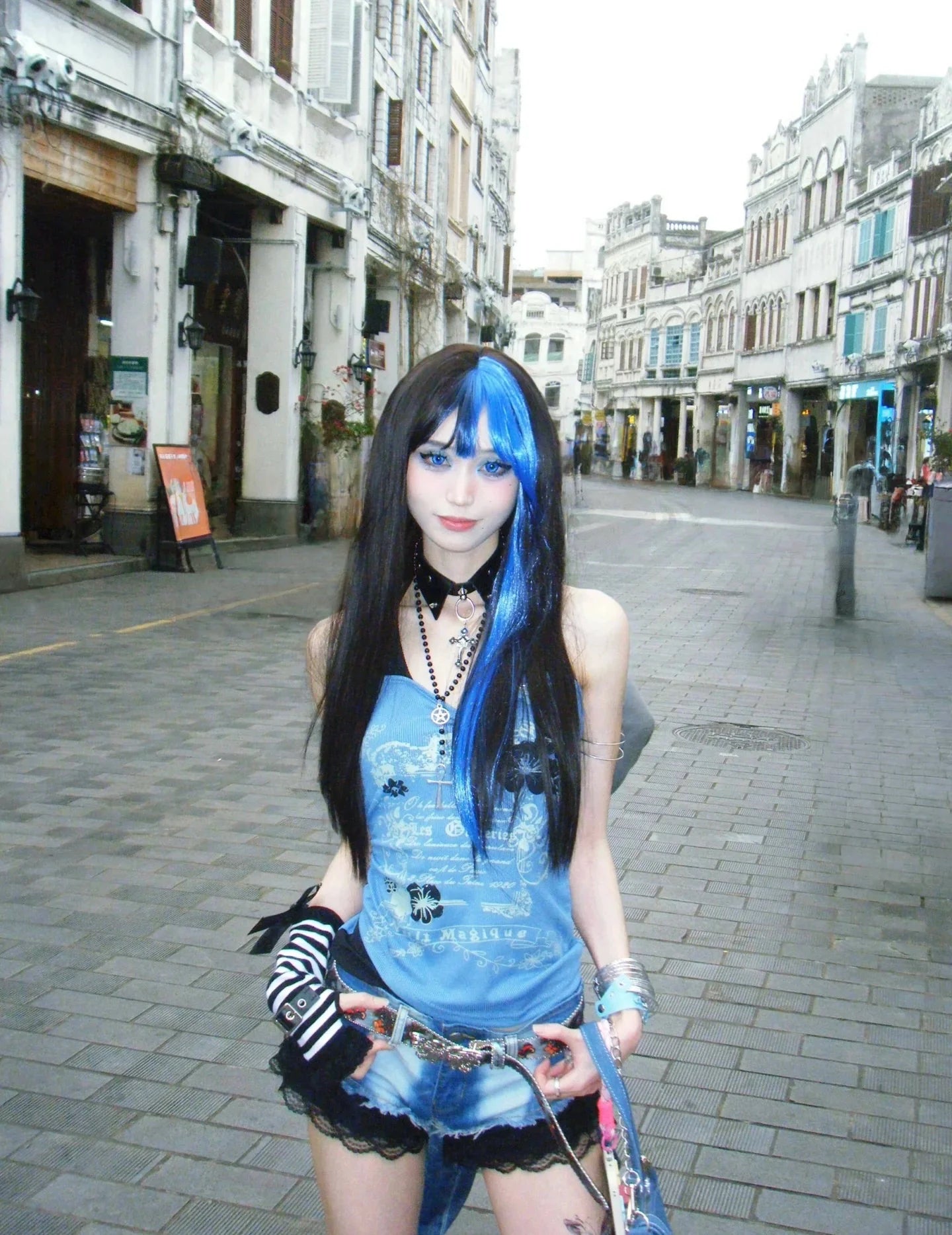 Blue American Vintage Print Halter Fake Two-Piece Y2K Tank Top