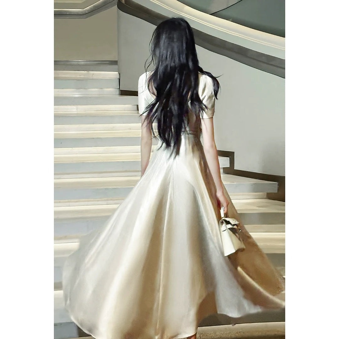 French Retro Square Neck Satin Gown Dress – Hepburn Style Engagement Dress