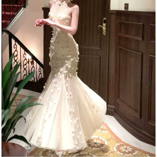 Modern Chinese Embroidered Mesh Mermaid Gown Dress – Unique National Style Dress