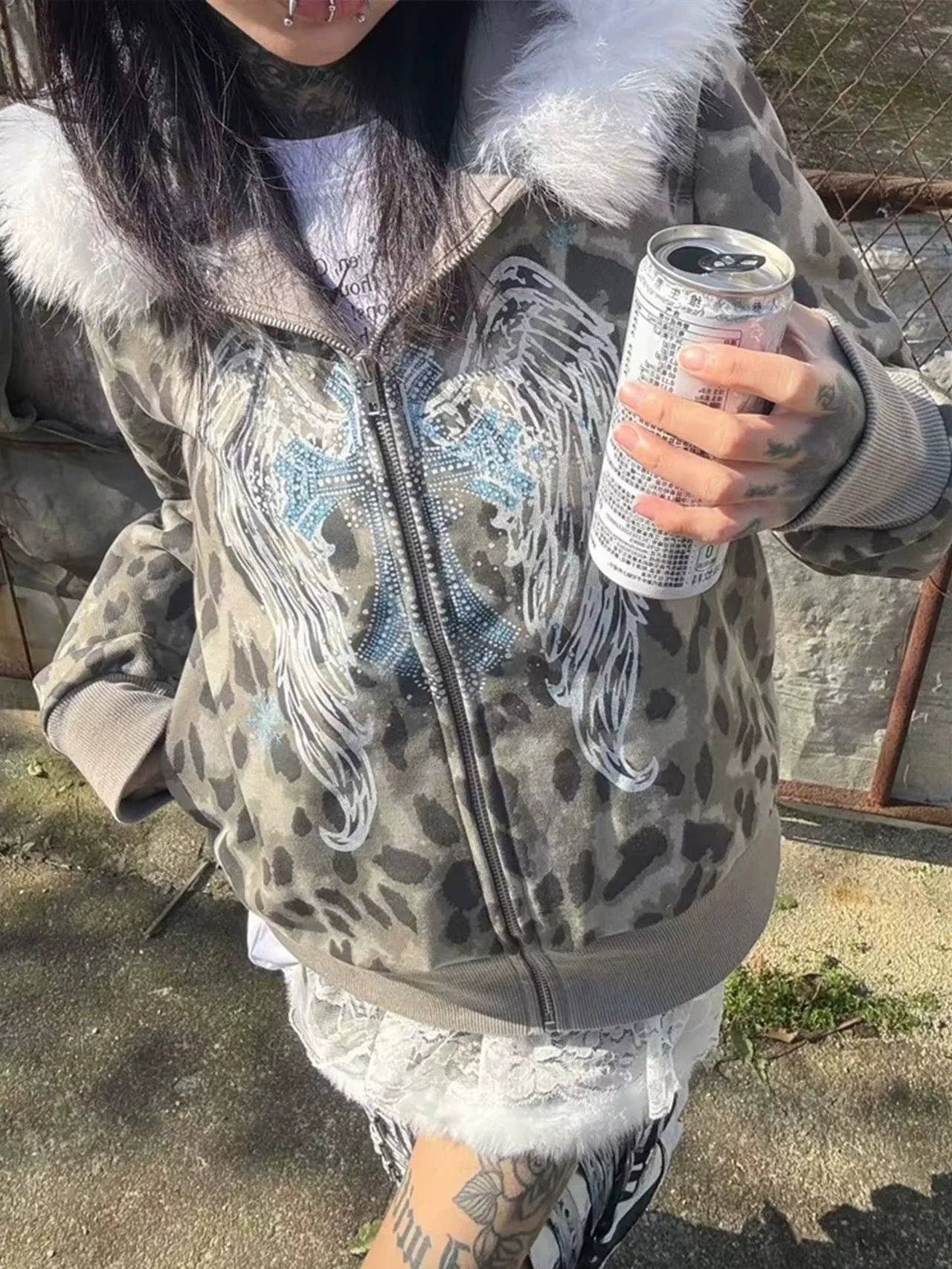 Y2K Leopard Fur Collar Cropped Hoodie Top