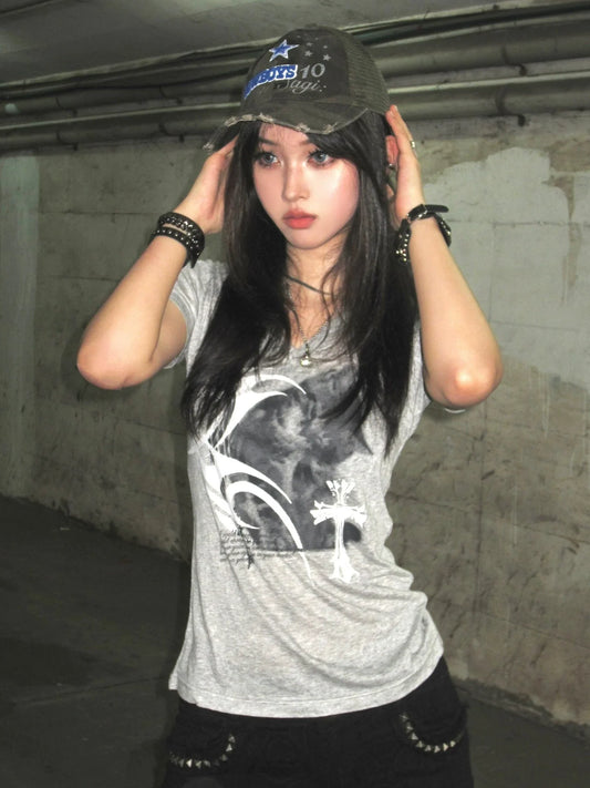 Y2K V Neck Fitted Tee