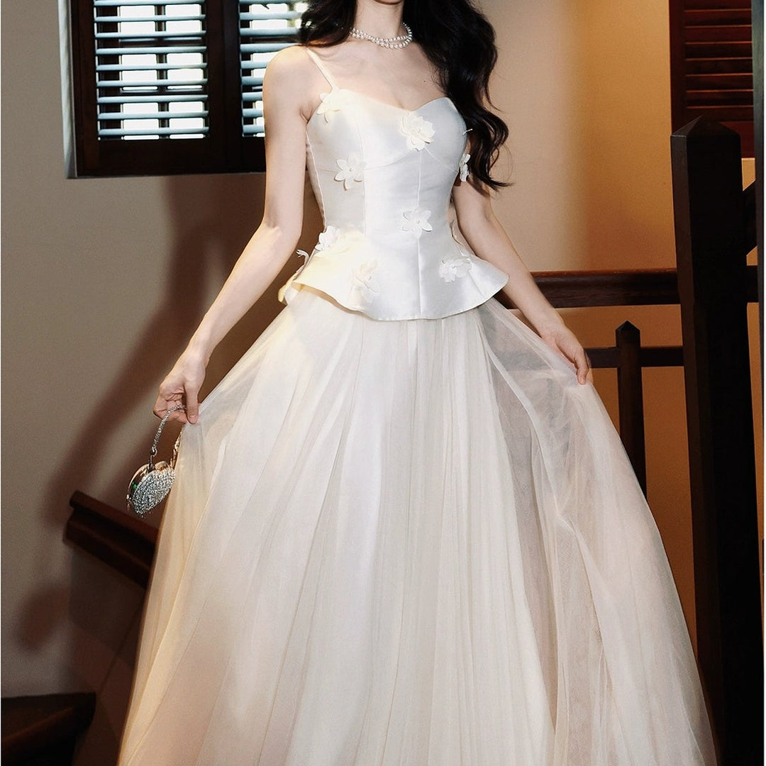 French Satin Halter Fake Two-Piece Gown Dress