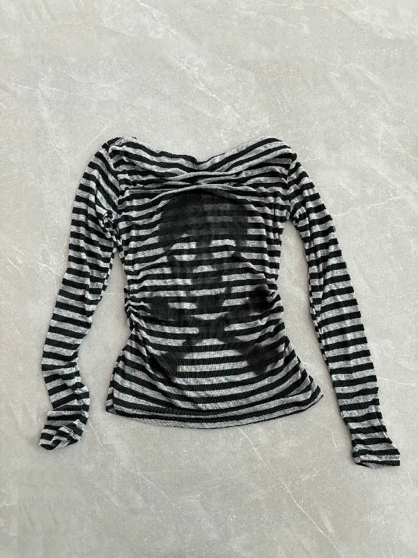Black & Gray Subculture Punk Rock Gothic Y2K Shibuya Girl Striped Skull Slim Long Sleeve Top