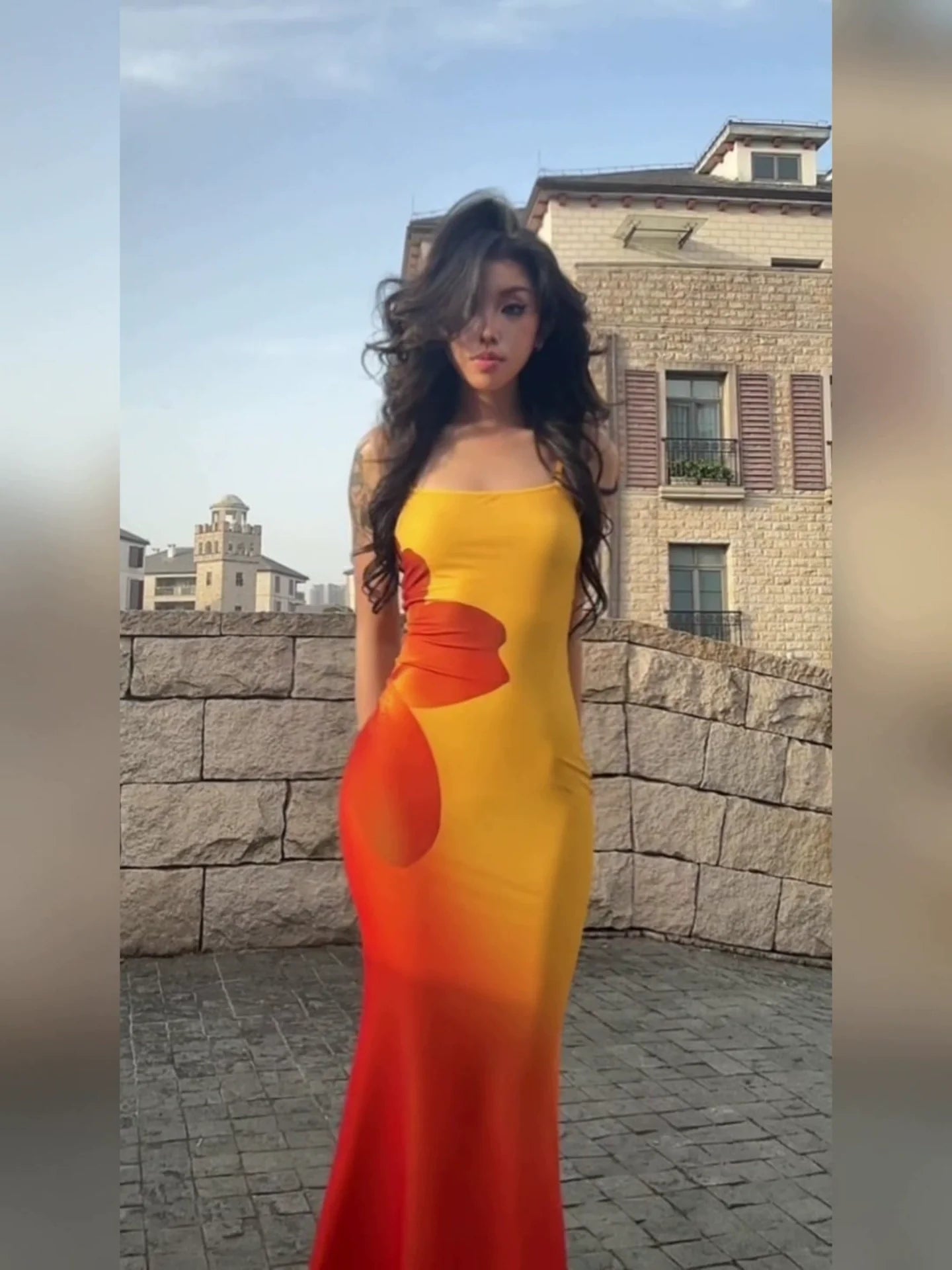 Sexy E-girl Yellow Print Camisole Bodycon Maxi Dress