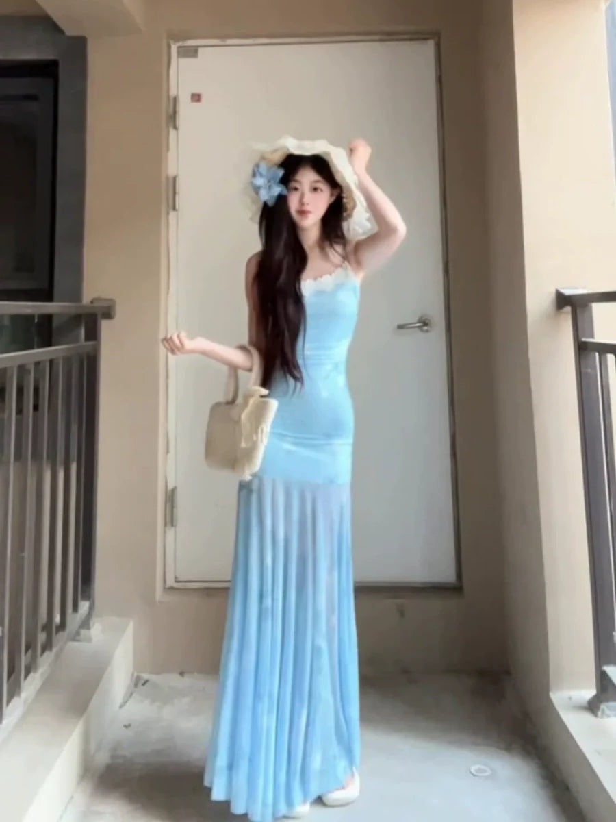 Blue Lace Tulle Camisole Unique Mermaid Bodycon Maxi Dress