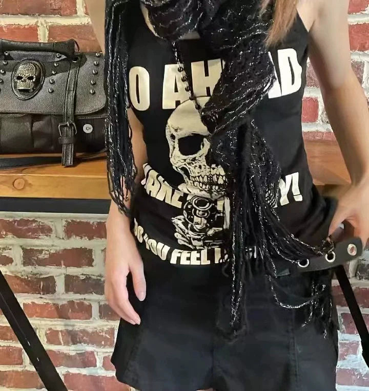 Black Skull Vest Subculture Gothic Punk Y2K E-girl Skull & Rose Print Sleeveless Design Top