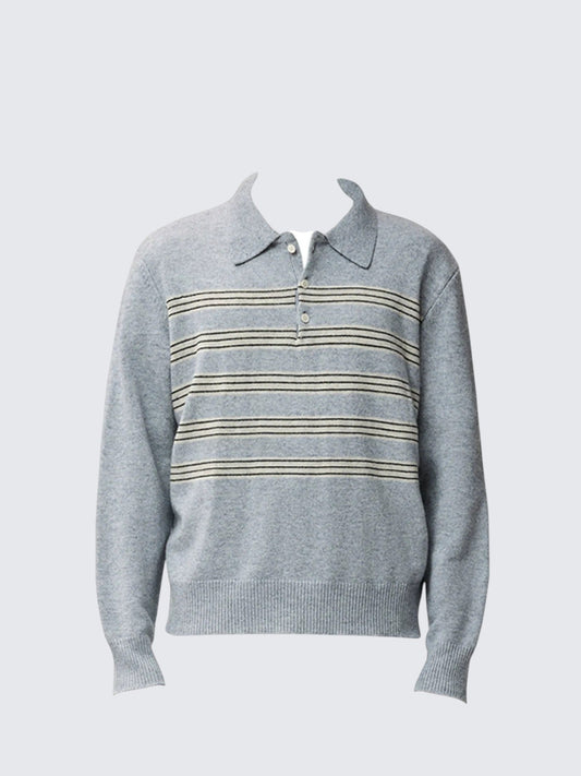 Grey Polo Stripe Knit Sweater Women