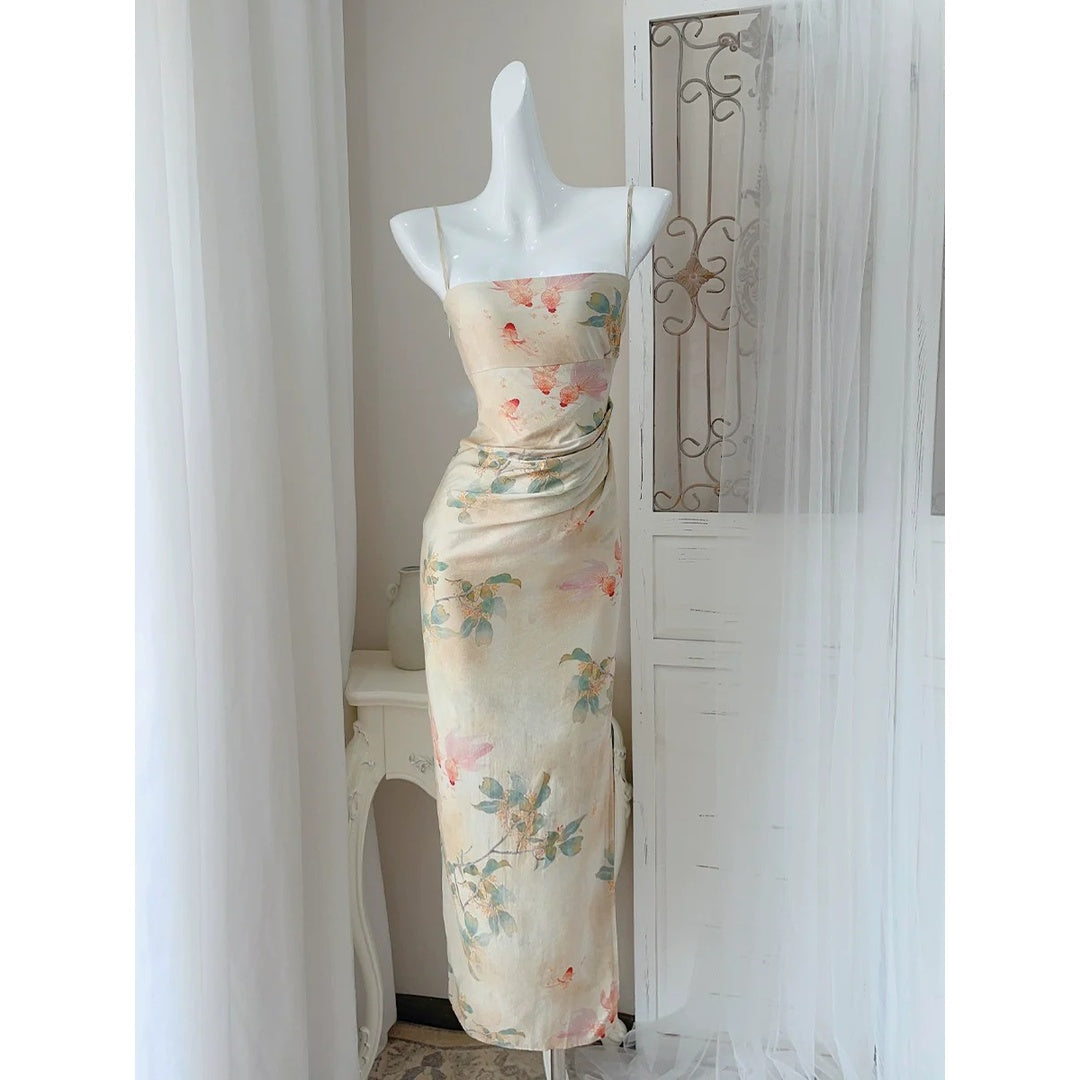 Ink Wave Chinese Spaghetti Strap Gown Dress – Artistic National Style Dress