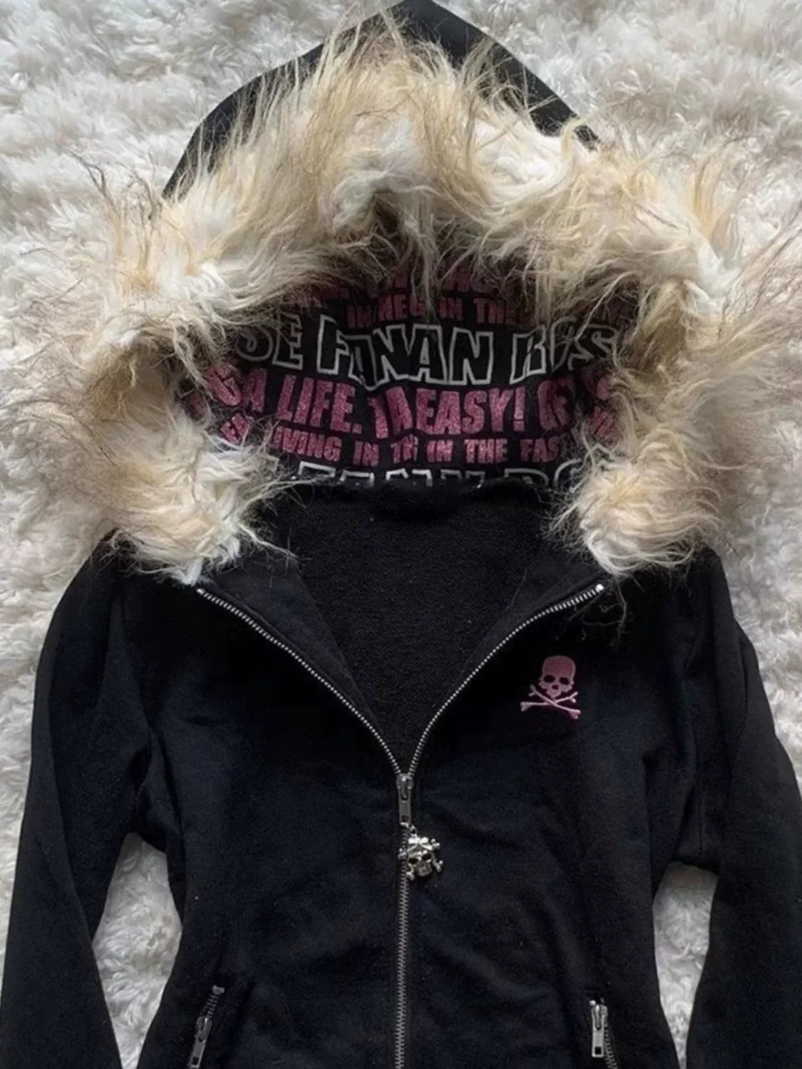 Black Letter Fur Hoodie Y2K Hoodie