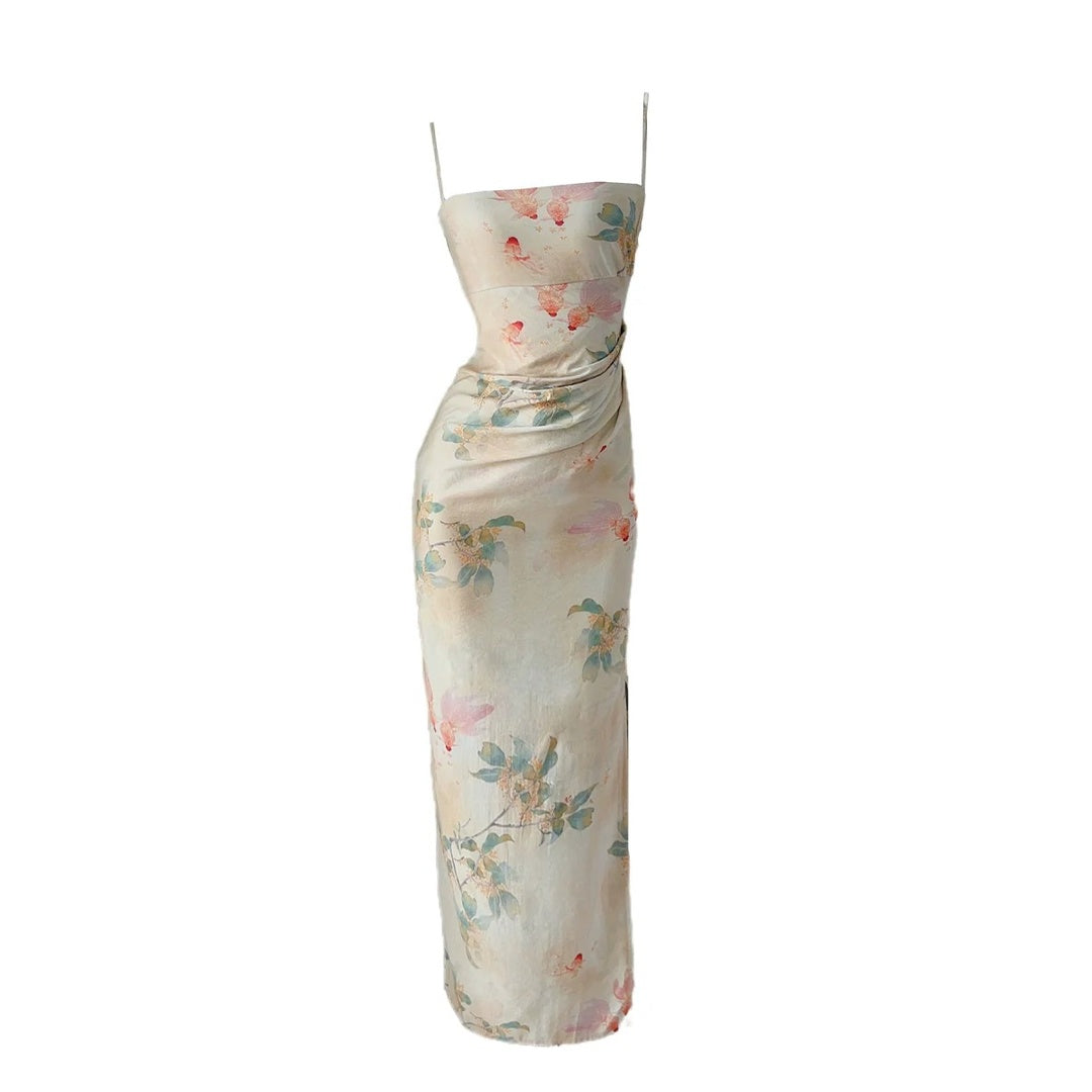 Ink Wave Chinese Spaghetti Strap Gown Dress – Artistic National Style Dress