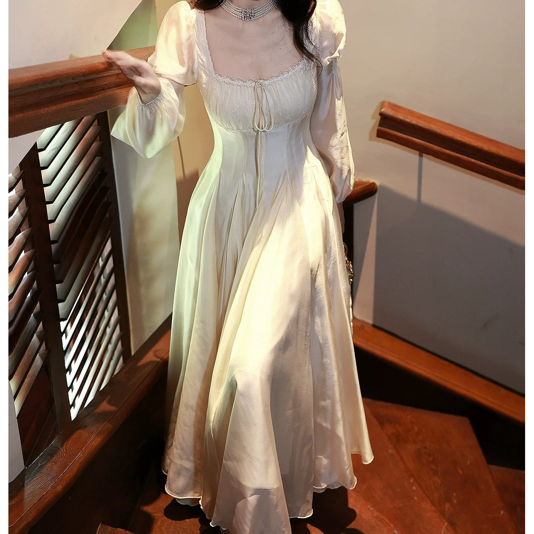 French Vintage Bubble Sleeve Square Neck Gown Dress