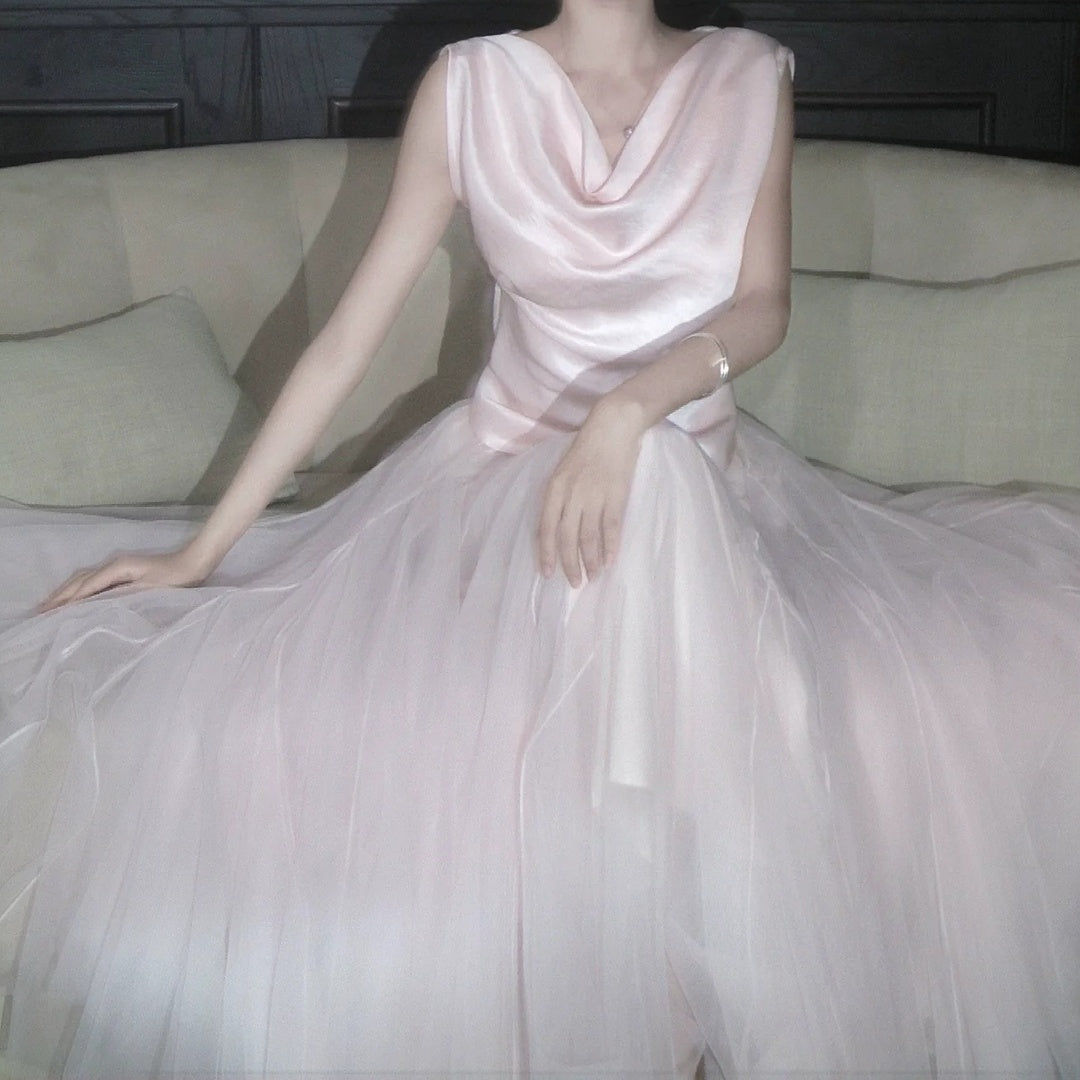 French Pink Satin Top Tulle Half Skirt Gown Set