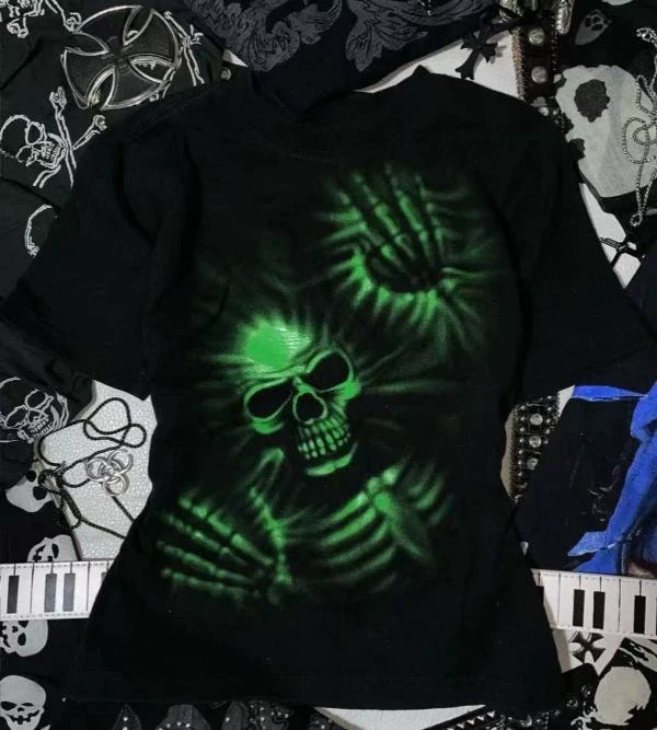 Black Subculture Punk Y2K E-girl Abi American Retro Skull Print Short Sleeve Top (Style 2)