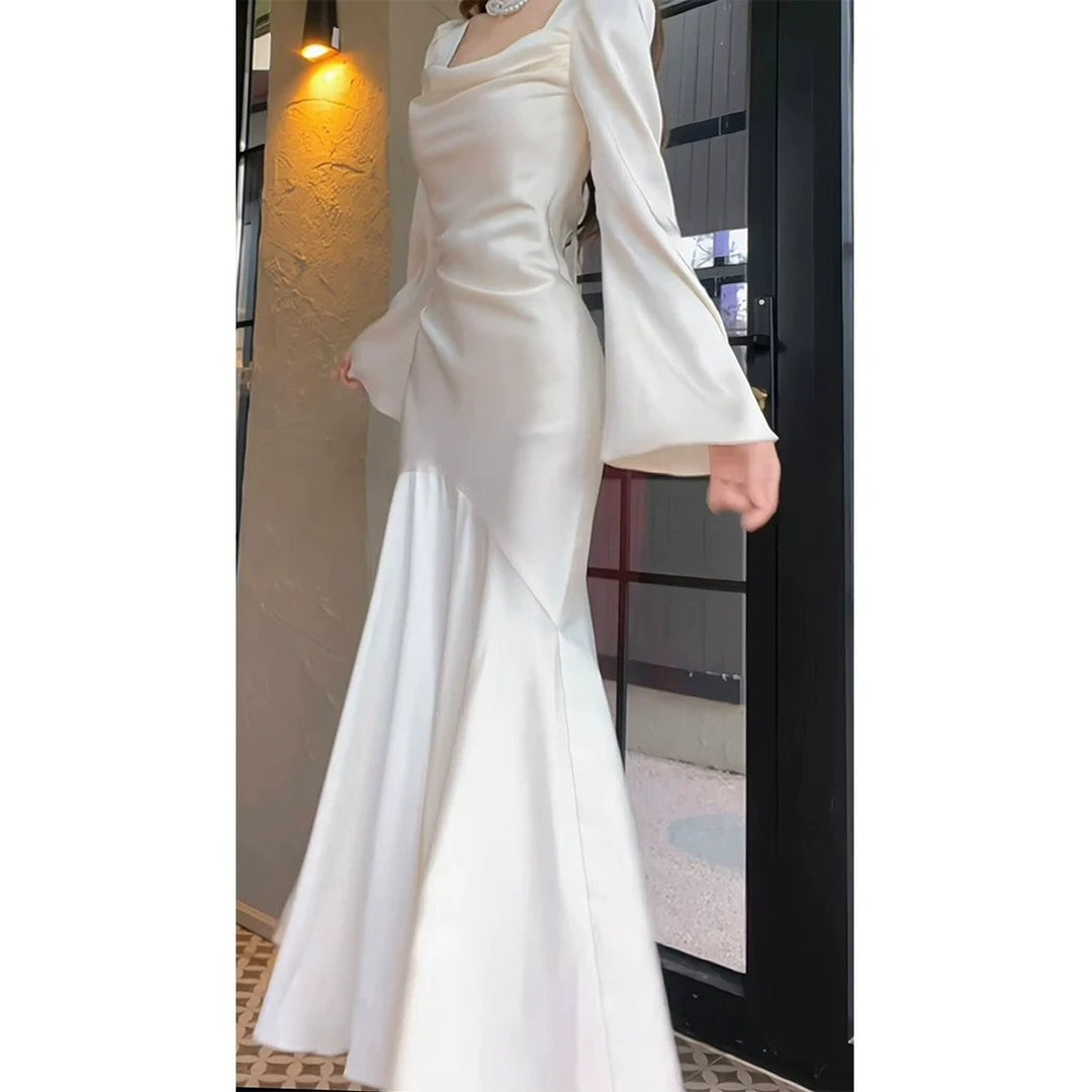 French Satin Mermaid Tail Dress White Engagement Party Evening Gown