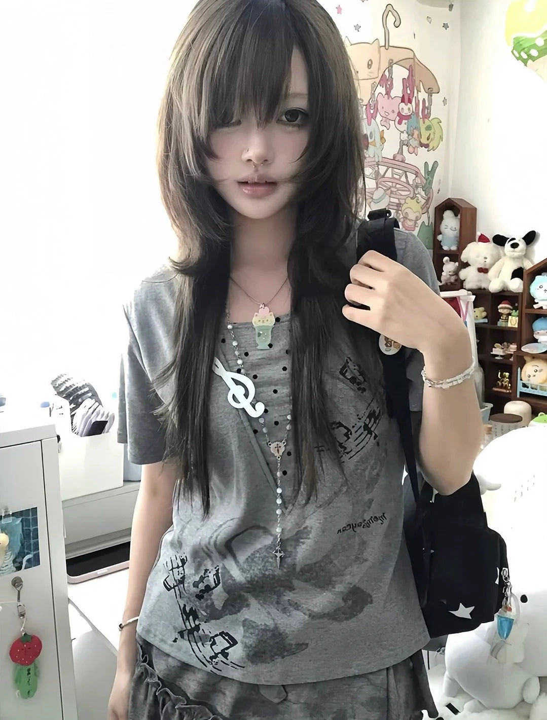 Gray Hooded Y2K T-Shirt