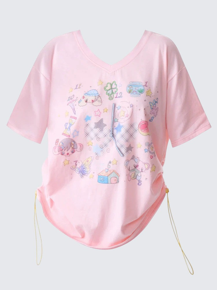 American Loose Cartoon Print V-Neck T-Shirt