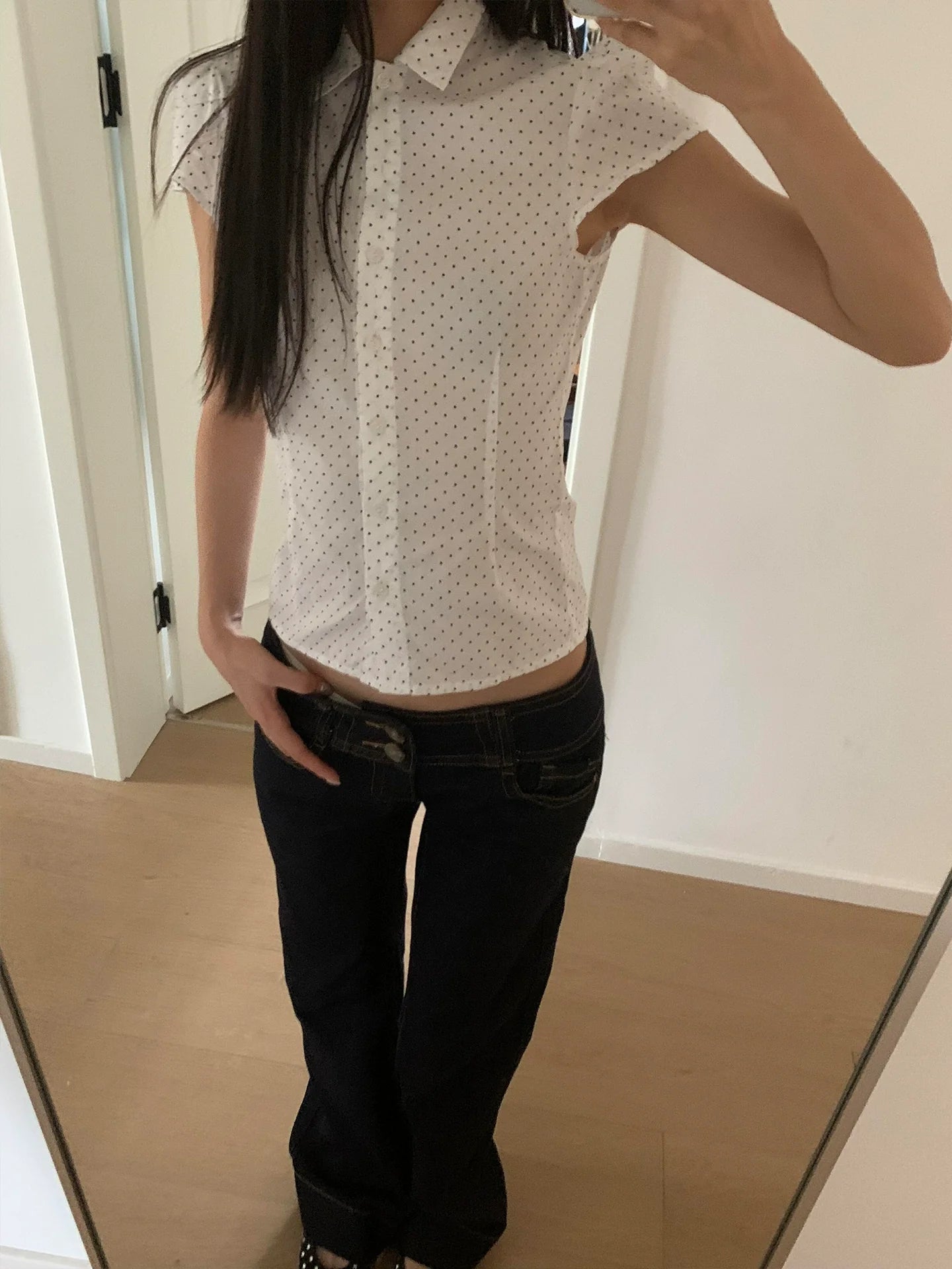 Y2K Star & Polka Dot Polo Shirt White Fitted Summer Top