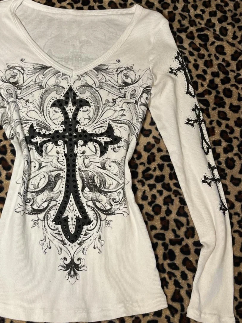 White V-Neck Cross Print Long Sleeve Tee Y2K Top