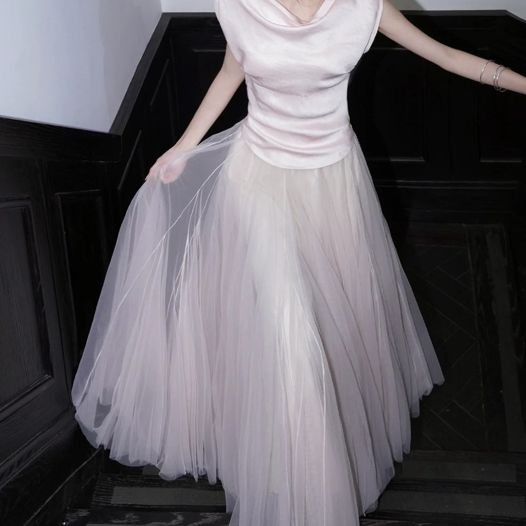 French Pink Satin Top Tulle Half Skirt Gown Set