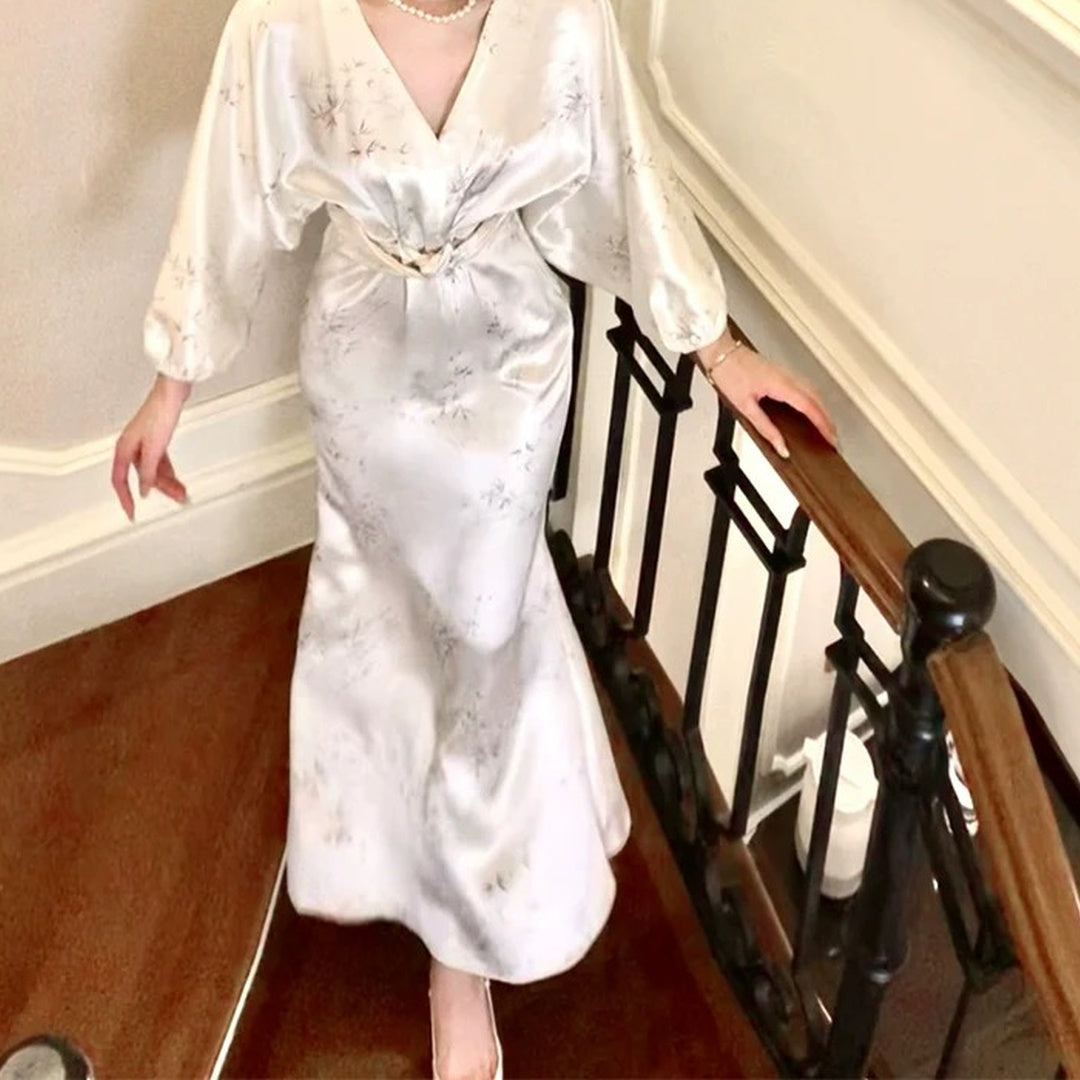New Chinese Style Long Sleeve White Satin Gown Dress – National Elegant Dress