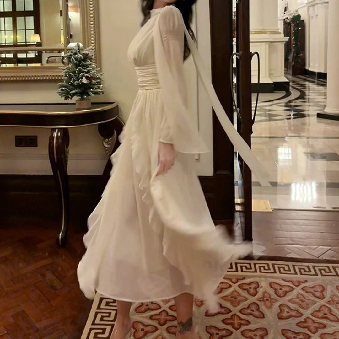 White Long Sleeve Gown with Ruffle Details Prom Dress